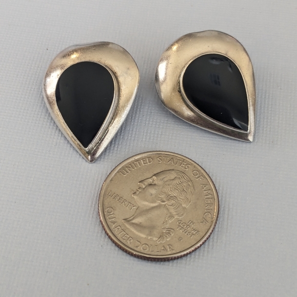 Signed Vintage 925 Sterling Silver Black Onyx Pear Shaped Clip On Earrings - Picture 12 of 12